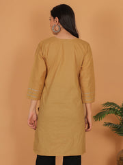 Women’s Elegant Beige Cotton Kurti Tunic | 3/4 Sleeve Ethnic Indian Top with Gold Trim Detail | Casual & Festive Wear