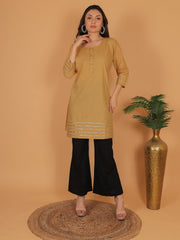 Women’s Elegant Beige Cotton Kurti Tunic | 3/4 Sleeve Ethnic Indian Top with Gold Trim Detail | Casual & Festive Wear