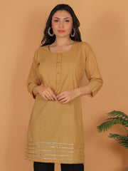 Women’s Elegant Beige Cotton Kurti Tunic | 3/4 Sleeve Ethnic Indian Top with Gold Trim Detail | Casual & Festive Wear