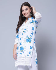 Trendzmy Women Apple Cut Blue Floral Print Pure Cotton Straight Kurta