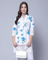 Trendzmy Women Apple Cut Blue Floral Print Pure Cotton Straight Kurta XXXL