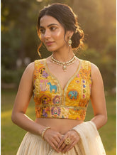 Premium Yellow Kntha Print Embroidered V-Neck Blouse | Sleeveless Ethnic Crop Top for Lehengas & Sarees | Indian Wedding & Festive Wear