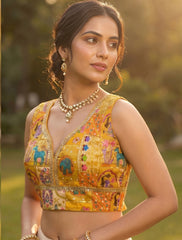 Premium Yellow Kntha Print Embroidered V-Neck Blouse | Sleeveless Ethnic Crop Top for Lehengas & Sarees | Indian Wedding & Festive Wear