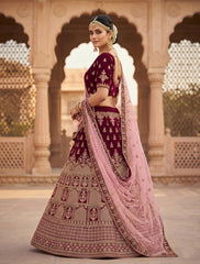 Luxury Wine Bridal Lehenga Choli with Pink Dupatta | Unstitched Wedding Lehenga for Women