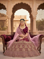 Luxury Wine Bridal Lehenga Choli with Pink Dupatta | Unstitched Wedding Lehenga for Women