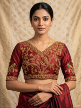 Royal Maroon Raw Silk Blouse with Hand-Embroidered Zardosi Peacock Motifs | Deep V-Neck Indo-Western Bridal Saree Blouse
