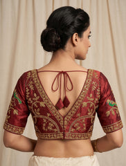 Royal Maroon Raw Silk Blouse with Hand-Embroidered Zardosi Peacock Motifs | Deep V-Neck Indo-Western Bridal Saree Blouse