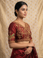 Royal Maroon Raw Silk Blouse with Hand-Embroidered Zardosi Peacock Motifs | Deep V-Neck Indo-Western Bridal Saree Blouse