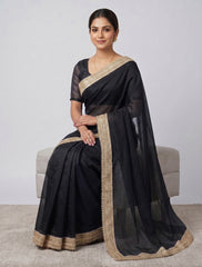 Women's Black Organza Saree with Elegant Gold Embroidered Border