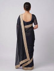 Women's Black Organza Saree with Elegant Gold Embroidered Border