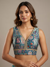 Premium Teal (Peacock Green) Cotton Silk Kantha Print Sleeveless Crop Top Blouse with Zari Detail