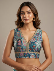 Premium Teal (Peacock Green) Cotton Silk Kantha Print Sleeveless Crop Top Blouse with Zari Detail