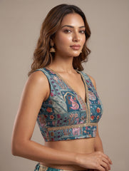 Premium Teal (Peacock Green) Cotton Silk Kantha Print Sleeveless Crop Top Blouse with Zari Detail