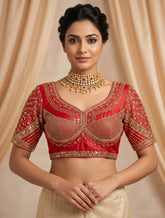 Crimson Red Silk Embroidered Saree Blouse – Sweetheart Neck & Half Sleeves