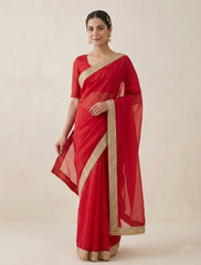 Elegant Red Organza Silk Saree with Golden Zari Border