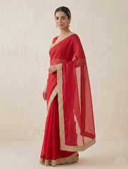 Elegant Red Organza Silk Saree with Golden Zari Border