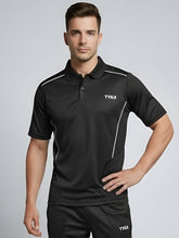 TYKA Prima Men Black Sports Polo T-Shirt | Quick Dry Activewear with Contrast Piping Black