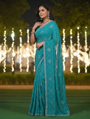 Women Teal Blue Georgette Saree with Silver Sequin Embroidery & Matching Blouse Piece