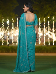Women Teal Blue Georgette Saree with Silver Sequin Embroidery & Matching Blouse Piece