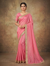 Women’s Pink Designer Saree with Golden Border – Elegant Ethnic Party Wear Saree for Wedding & Festive Occasions