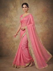 Women’s Pink Designer Saree with Golden Border – Elegant Ethnic Party Wear Saree for Wedding & Festive Occasions