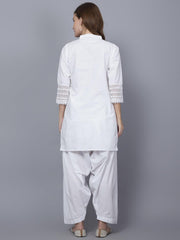 Trendzmy Women Apple Cut White Solid Print Pure Cotton Straight Kurta Set