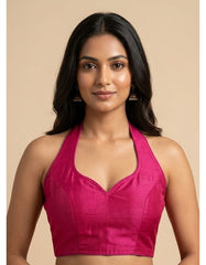 Women Silk Blend Halter Neck Blouse | Padded Backless Designer Saree Blouse | Party & Wedding Wear Readymade Blouse-Rani Pink