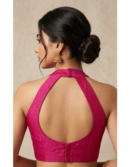 Women Silk Blend Halter Neck Blouse | Padded Backless Designer Saree Blouse | Party & Wedding Wear Readymade Blouse-Rani Pink