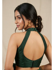 Women Silk Blend Halter Neck Blouse | Padded Backless Designer Saree Blouse | Party & Wedding Wear Readymade Blouse-Dark Green