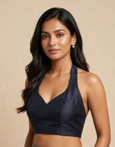 Elegant Midnight Blue Halter Neck Cotton Silk Blouse