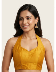 Mustard Yellow Halter Neck Blouse | Premium Cotton Silk Textured Fabric | Solid Color | Women's Ethnic Fusion & Party Wear