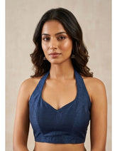 Navy Blue Halter Neck Blouse | Premium Cotton Silk Textured Fabric | Solid Color | Women's Sleeveless V-Neck Party & Casual Wear
