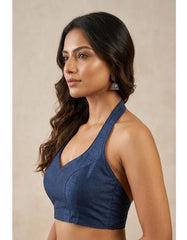 Navy Blue Halter Neck Blouse | Premium Cotton Silk Textured Fabric | Solid Color | Women's Sleeveless V-Neck Party & Casual Wear