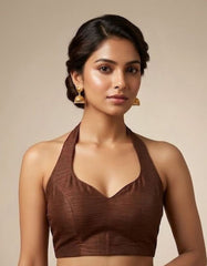 Women Silk Blend Halter Neck Blouse | Padded Backless Designer Saree Blouse | Party & Wedding Wear Readymade Blouse-Brown
