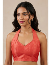Women Silk Blend Halter Neck Blouse | Padded Backless Designer Saree Blouse | Party & Wedding Wear Readymade Blouse-Pink