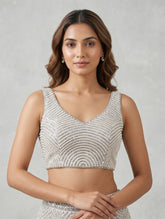 Luxury Pearl Embellished V-Neck Crop Top | Silver Beaded Readymade Saree Blouse | Designer Lehenga Choli Top for Wedding & Party Wear