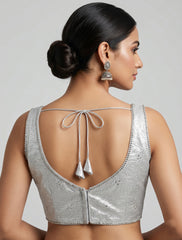 Luxury Pearl Embellished V-Neck Crop Top | Silver Beaded Readymade Saree Blouse | Designer Lehenga Choli Top for Wedding & Party Wear