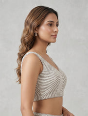 Luxury Pearl Embellished V-Neck Crop Top | Silver Beaded Readymade Saree Blouse | Designer Lehenga Choli Top for Wedding & Party Wear