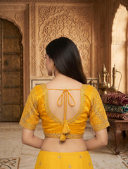 Designer Yellow Embroidered Saree Blouse | Padded Sweetheart Neck Blouse (Perfect for Haldi & Weddings)