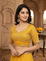 Designer Yellow Embroidered Saree Blouse | Padded Sweetheart Neck Blouse (Perfect for Haldi & Weddings)