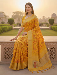 Women Mustard Yellow Silk Saree with Kashmiri Multi thread Embroidery – Karva Chauth Special