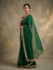 Dark Green Organza Silk Saree with Golden Fringe Border | Elegant Party Wear Saree