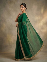 Dark Green Organza Silk Saree with Golden Fringe Border | Elegant Party Wear Saree