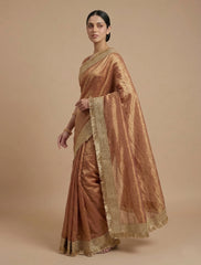 Copper Gold Silk Blend Saree with Elegant Fringed Zari Border