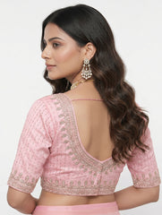 Premium Pastel Pink Embroidered Silk Saree Blouse | V-Neck Indian Crop Top for Lehenga | Wedding & Festive Wear