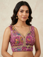 Women's V-Neck Cotton Silk Ethnic Blouse | Kantha Print & Zari Work Crop Top | Traditional Saree Choli