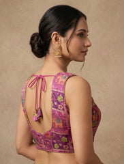 Women's V-Neck Cotton Silk Ethnic Blouse | Kantha Print & Zari Work Crop Top | Traditional Saree Choli
