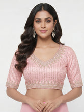 Premium Pastel Pink Embroidered Silk Saree Blouse | V-Neck Indian Crop Top for Lehenga | Wedding & Festive Wear