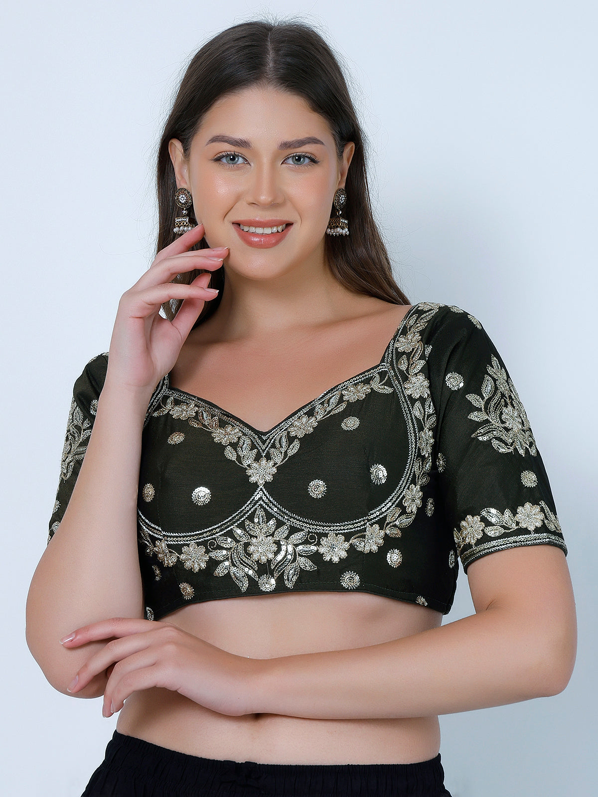Choli Cut Dark Mehandi Cotton Silk Blouse