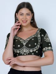 Choli Cut Dark Mehandi Cotton Silk Blouse